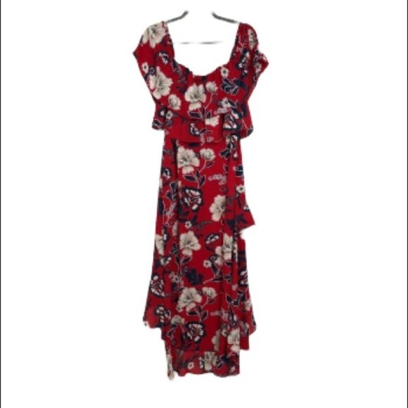 BB Dakota Red convertible off shoulder high low floral ruffle maxi  dress - Picture 3 of 16